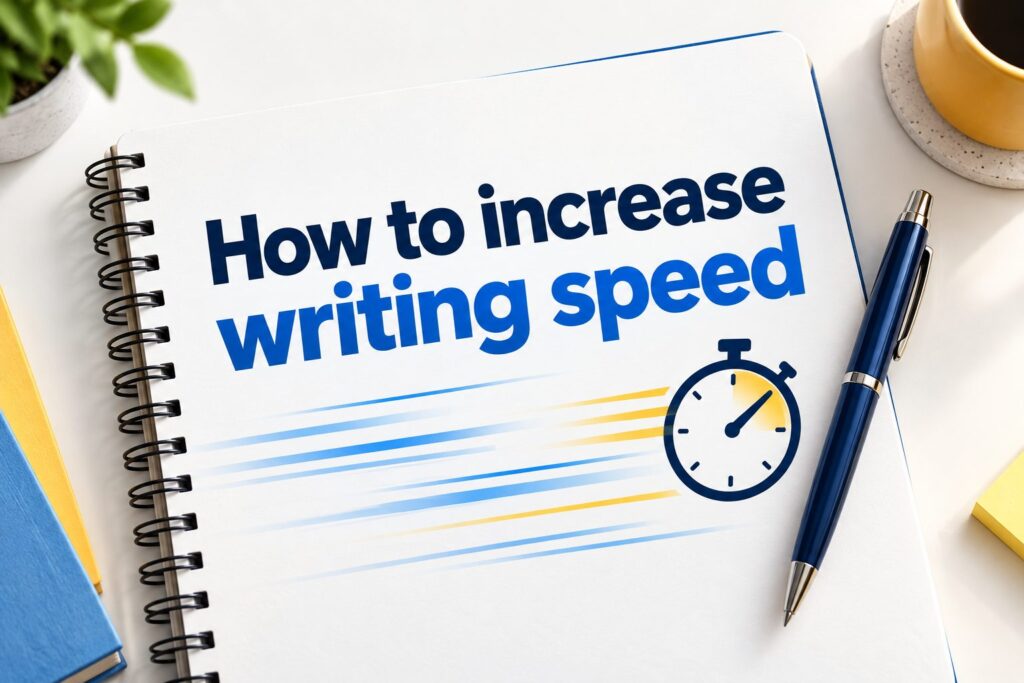Writer typing quickly on a laptop beside a timer and notes