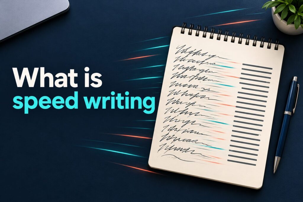 Person typing quickly on a laptop beside a timer and handwritten notes