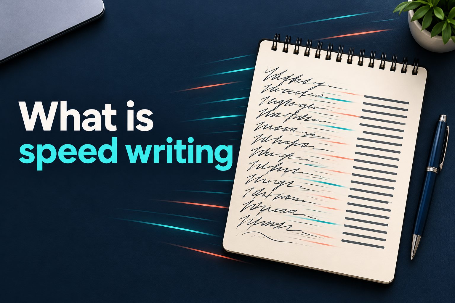 Person typing quickly on a laptop beside a timer and handwritten notes