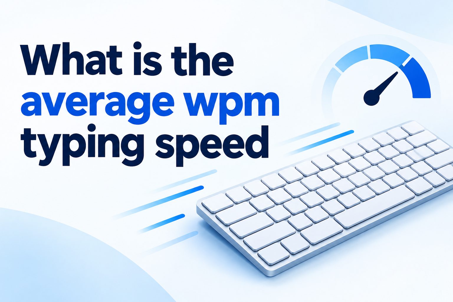 Hands typing on a laptop beside a screen showing words-per-minute typing results